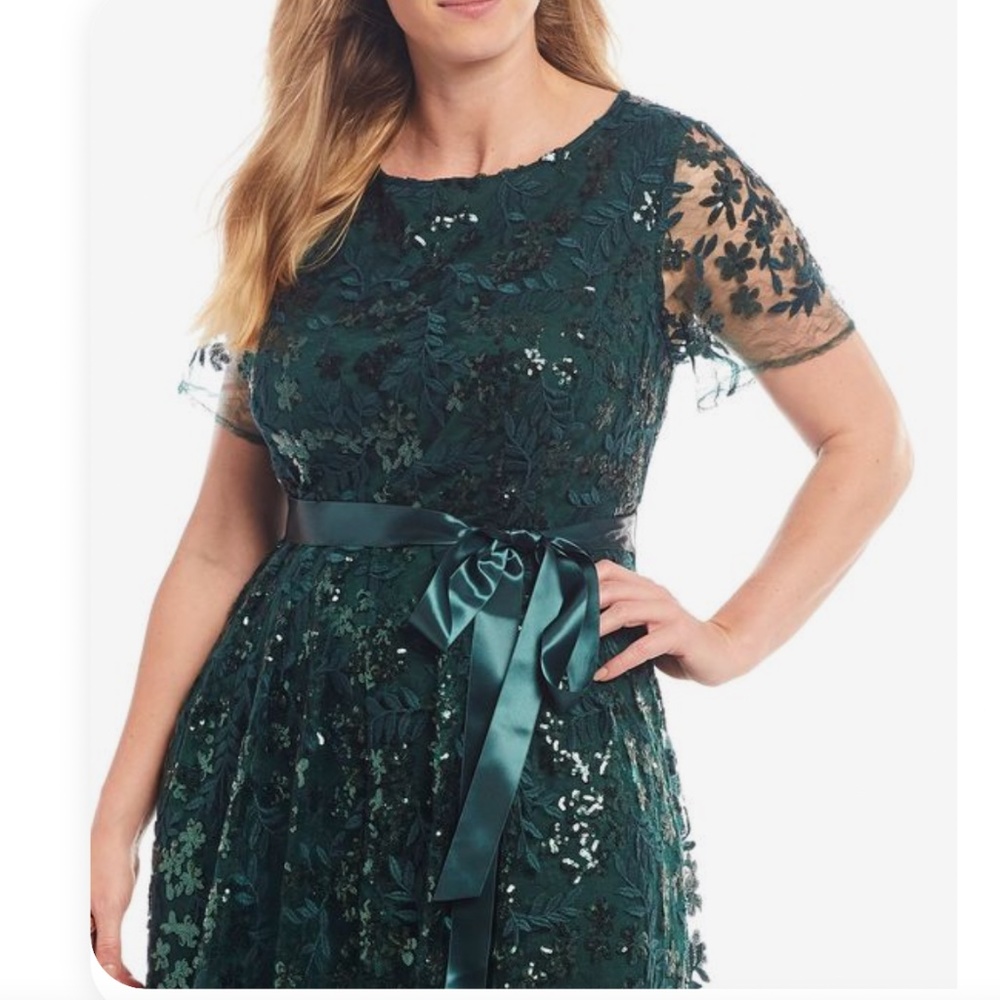 Tahari ASL Plus Size Embroidered Lace Illusion Bow Waist Gown Size 16